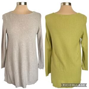 J. Jill Waffle Weave Tunics Size M Lot of 2 Tan Green Long Sleeves Casual Travel